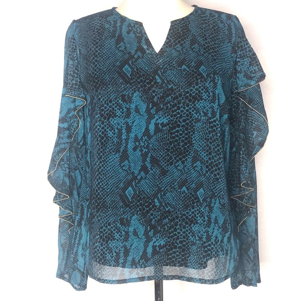 N) Thalia Sodi Sheer Ruffles Snake Print Blouse Top Teal Blue Black size Small - Picture 2 of 10